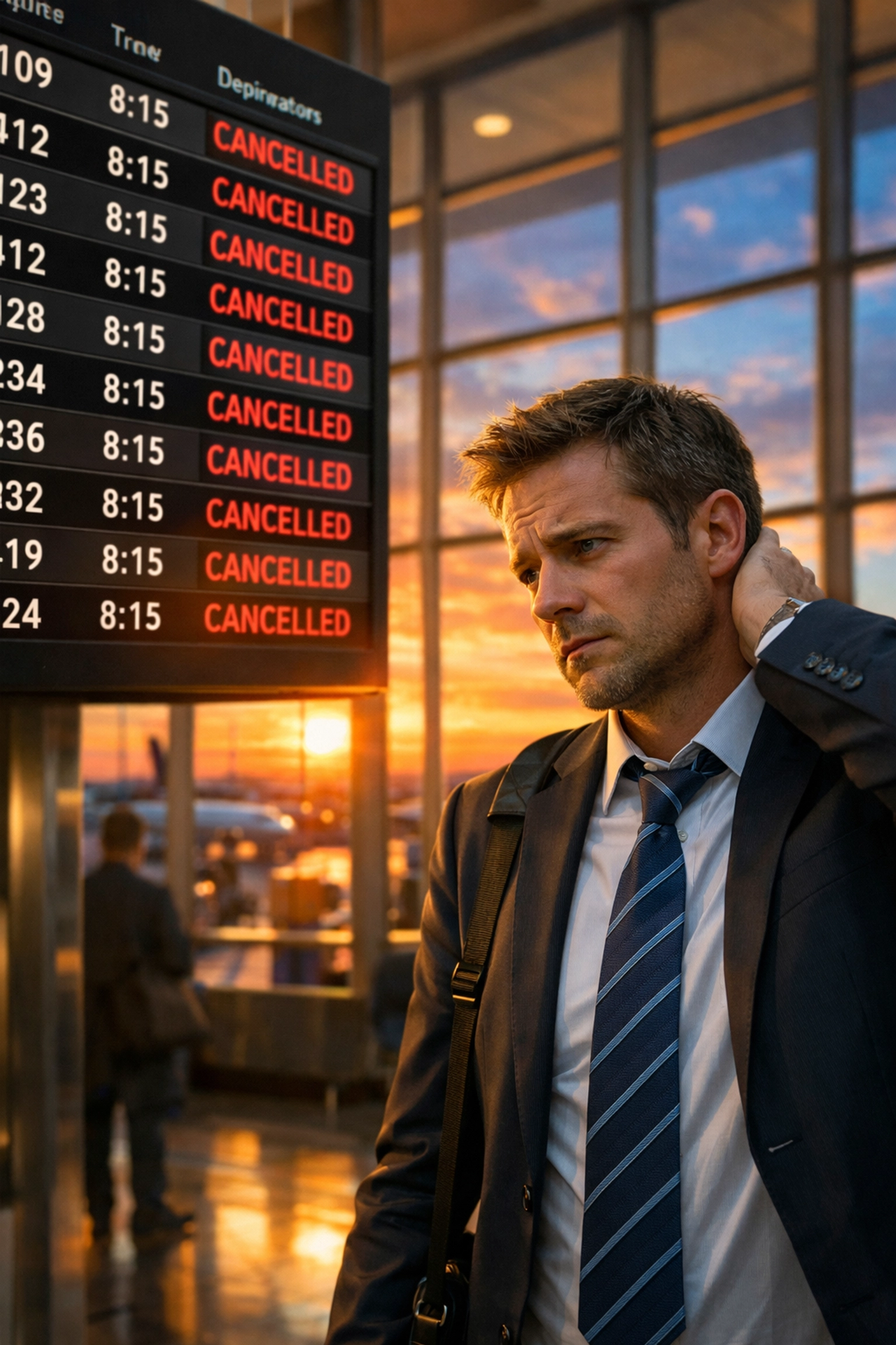 Stressed business traveler viewing cancelled flights on airport departure board