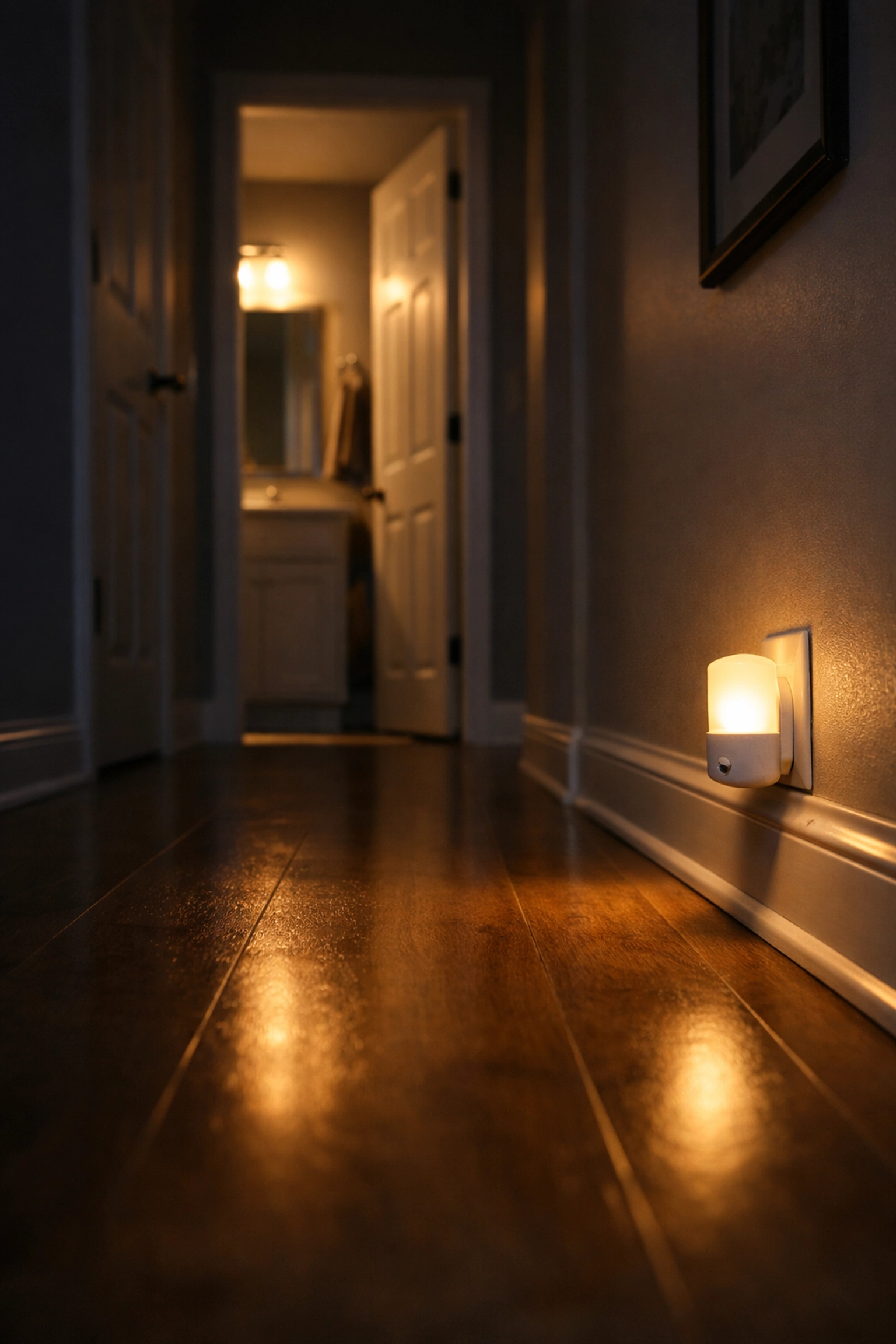 Motion-sensor nightlight illuminating a dark hallway to prevent nighttime falls.