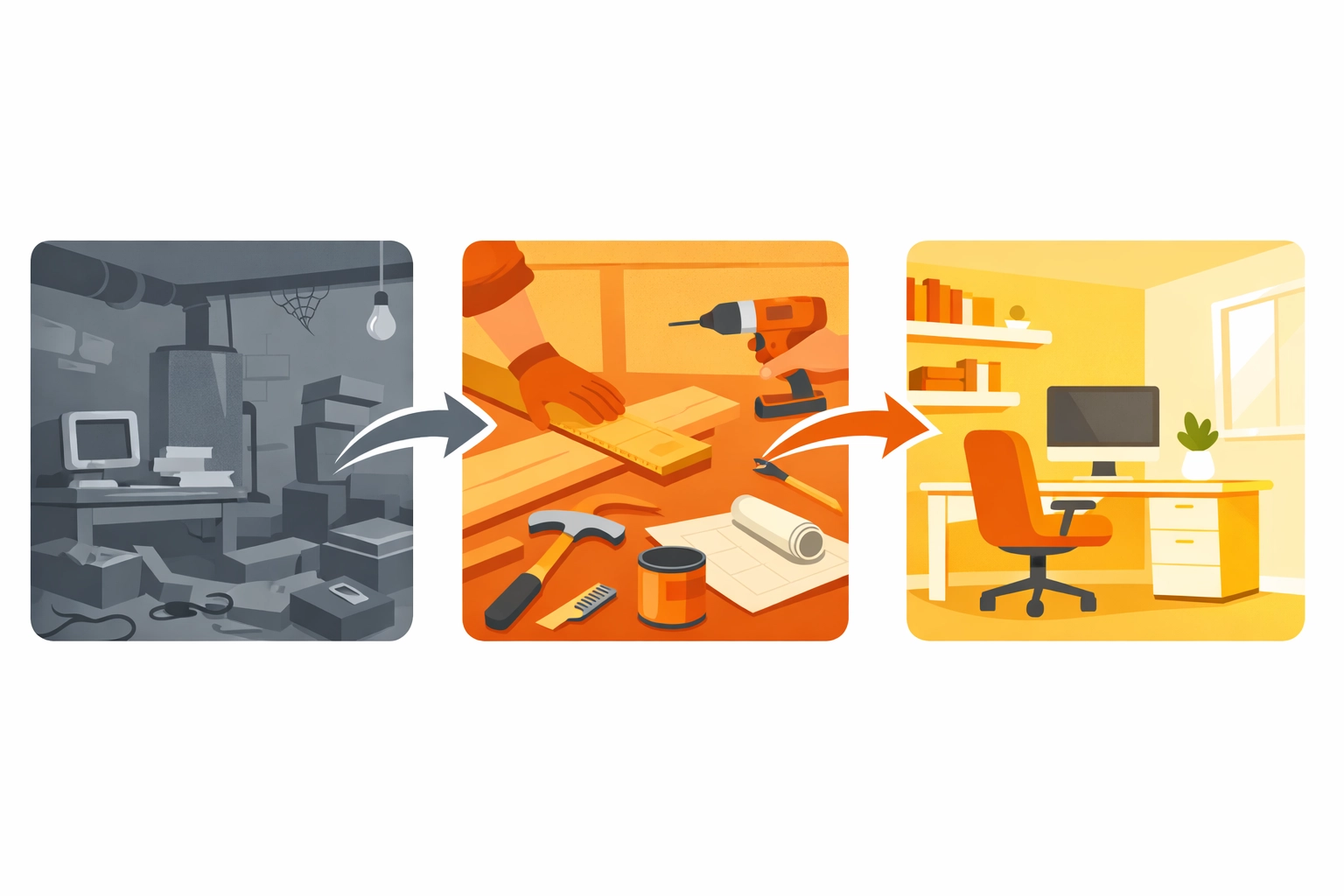 Three-panel photo timeline showing before, during, and after stages of contractor job documentation