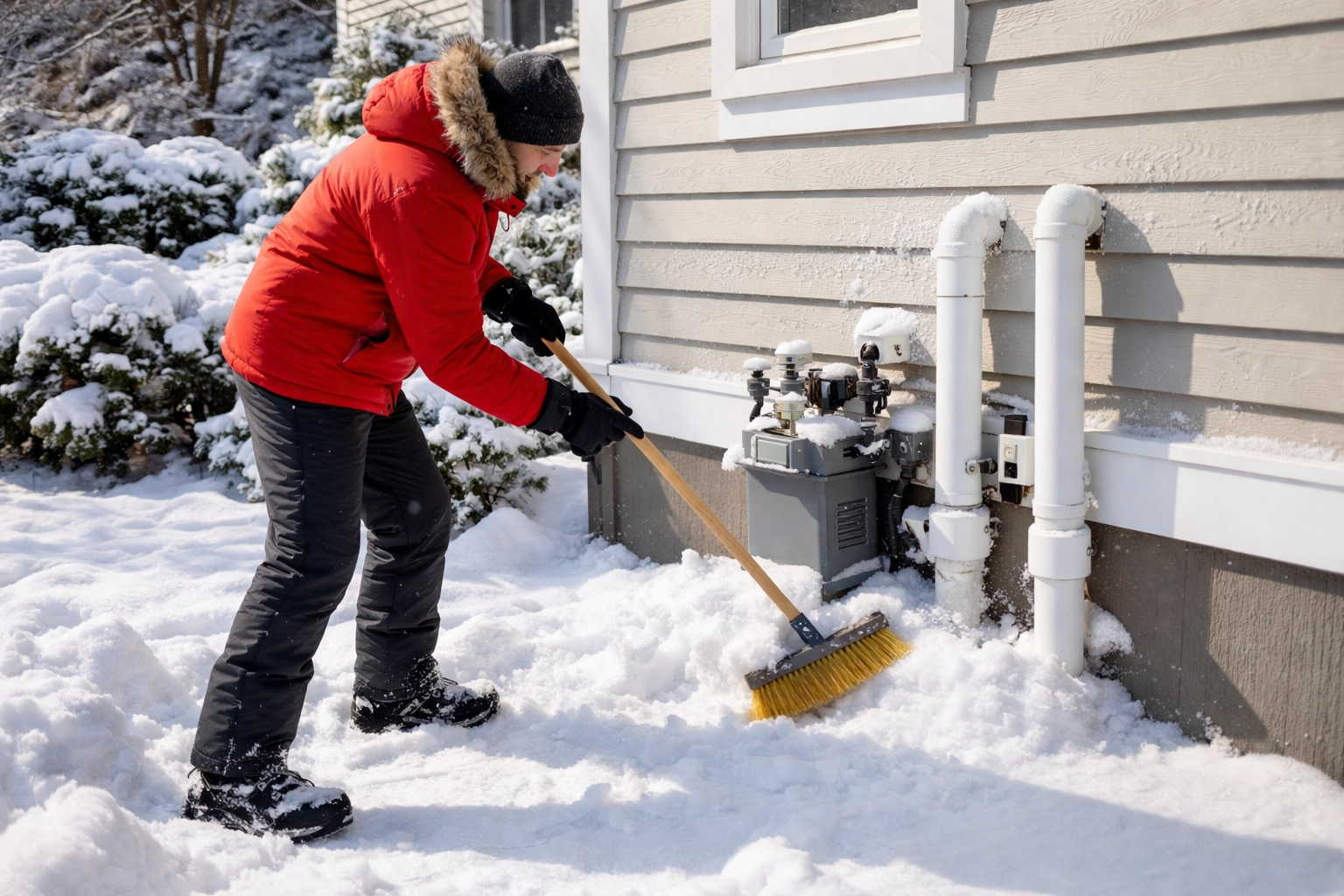 Homeowner in Bergen County using a broom to clear snow from exterior vents and gas meter after a snowfall.