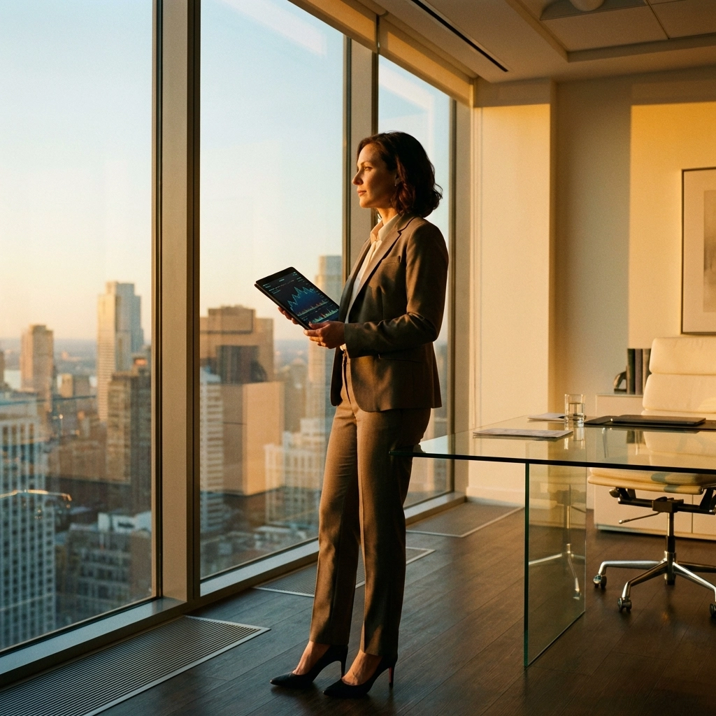Investor at office window reviewing financial charts for hedge fund goals and portfolio strategy