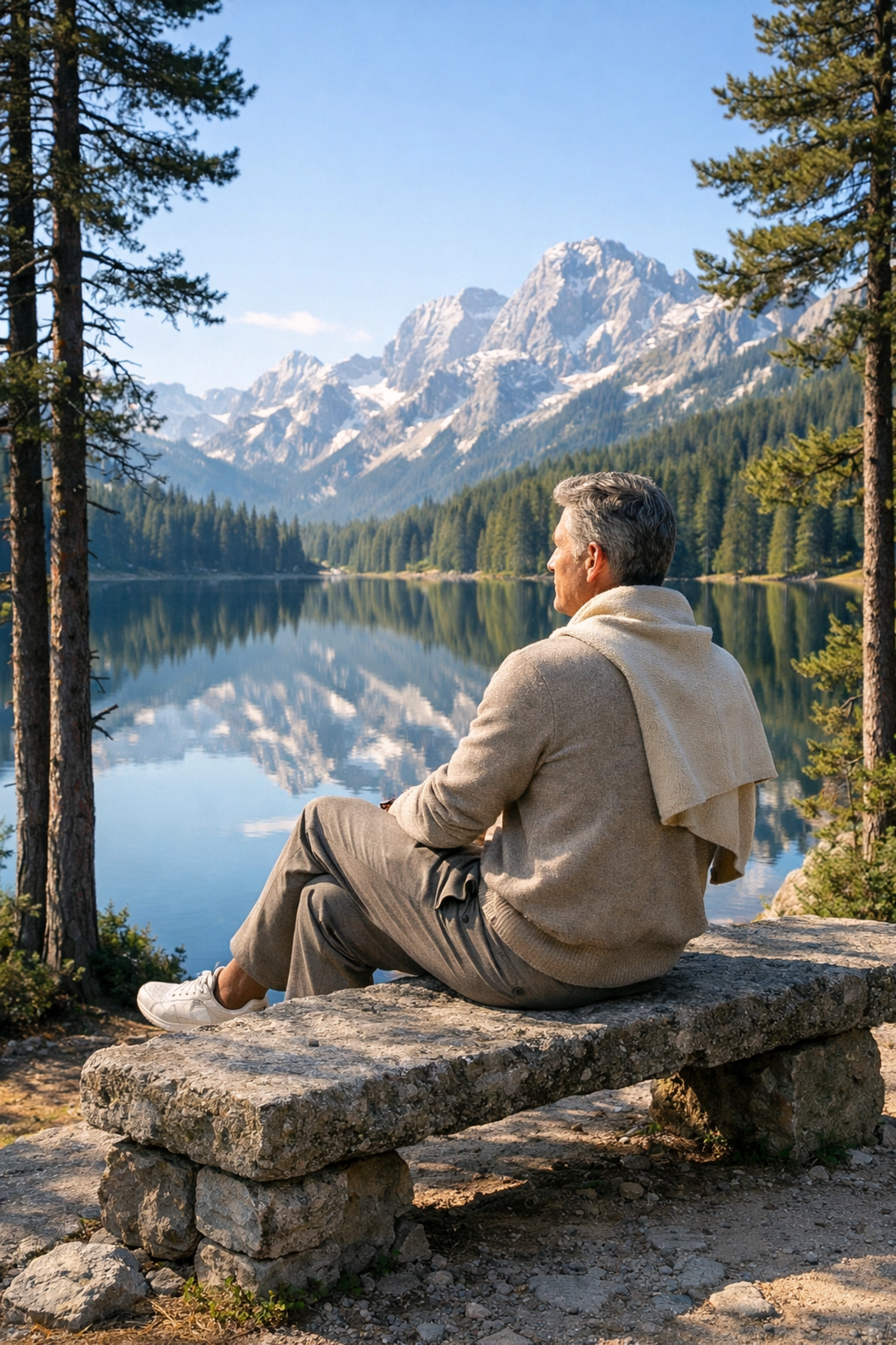 Professional finding mental clarity and strategic silence at a serene alpine lake retreat.