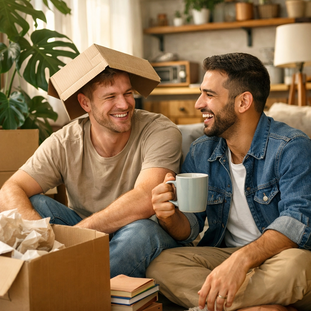 Gay couple laughing while unpacking boxes in a sun-filled apartment during the nesting stage of their relationship.