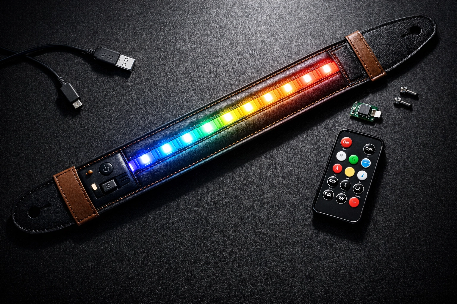 LED guitar strap with remote control and multi-color lighting features