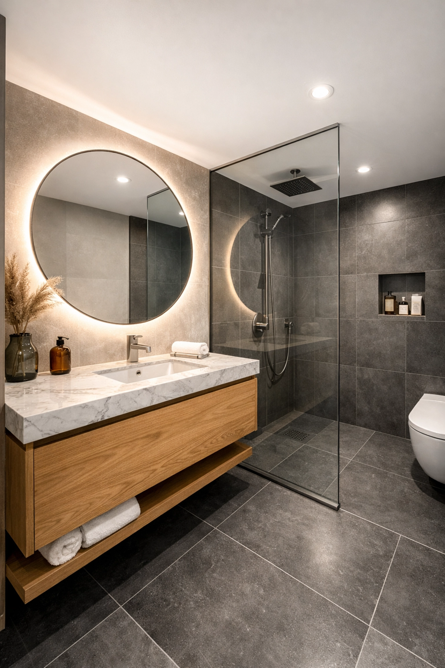 Modern small bathroom renovation featuring a floating vanity and space-saving layout design.