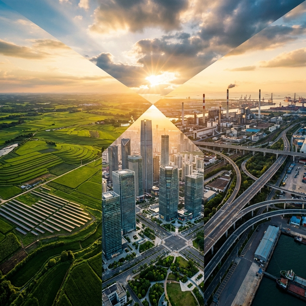 Three converging landscapes symbolizing diversification across equities, real estate, and infrastructure strategies
