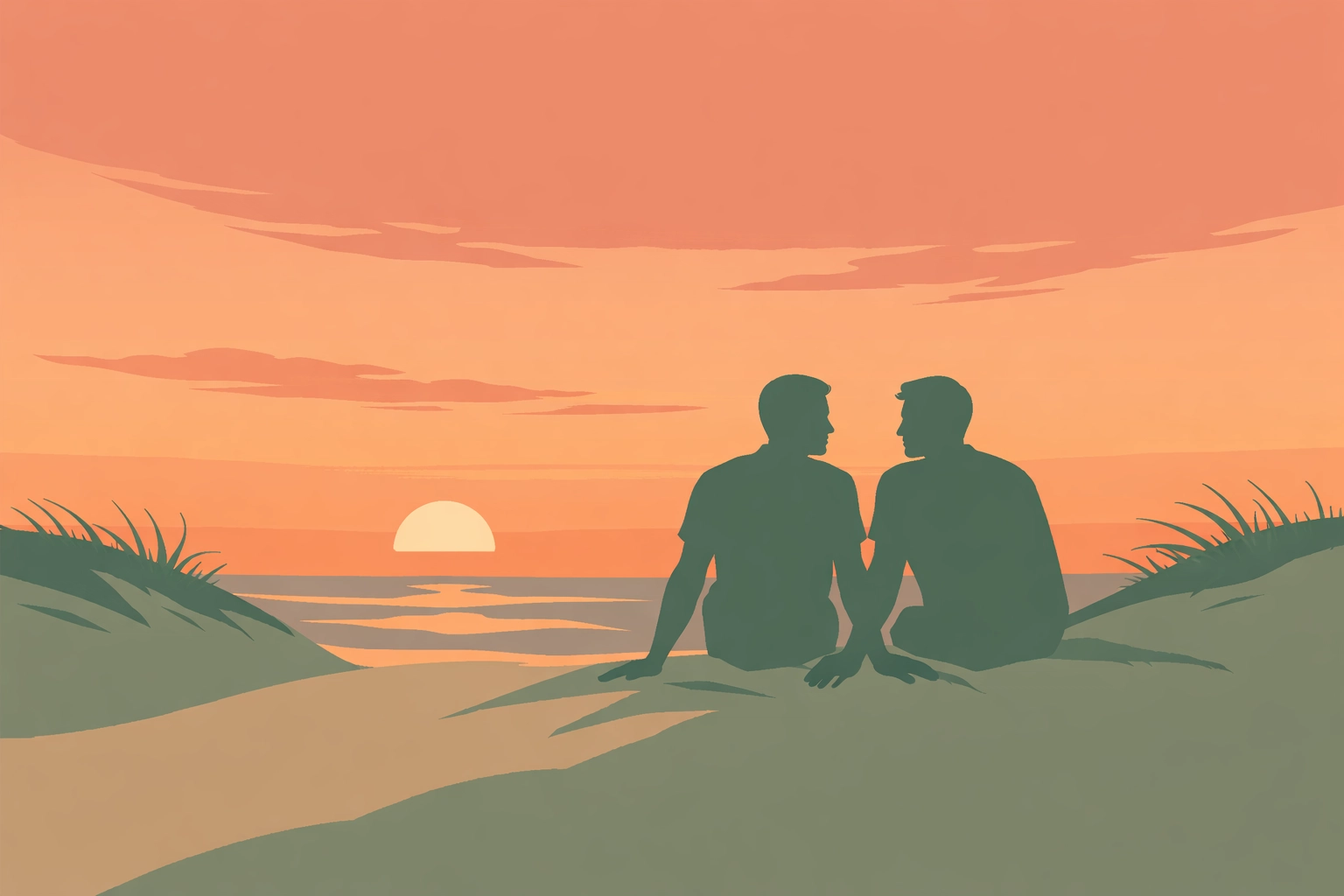 Gay couple sharing sunset moment on Cape Cod dunes - Provincetown romance at Herring Cove