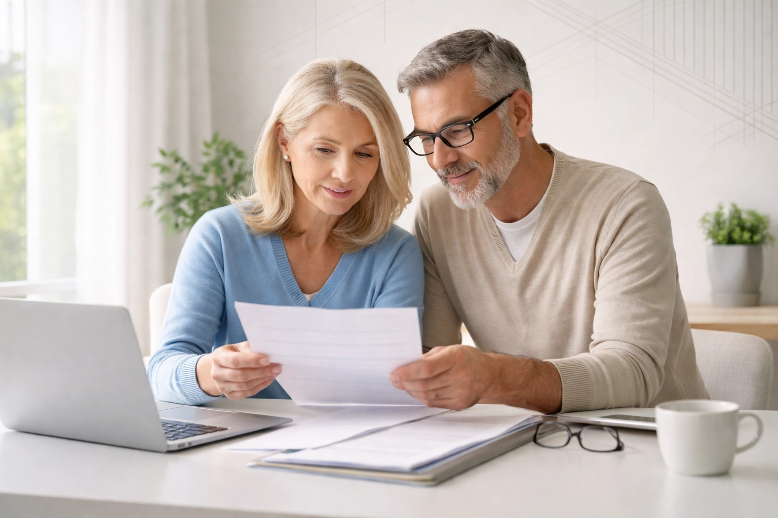 Mature couple at desk reviewing retirement documents, planning for IRMAA and income adjustments