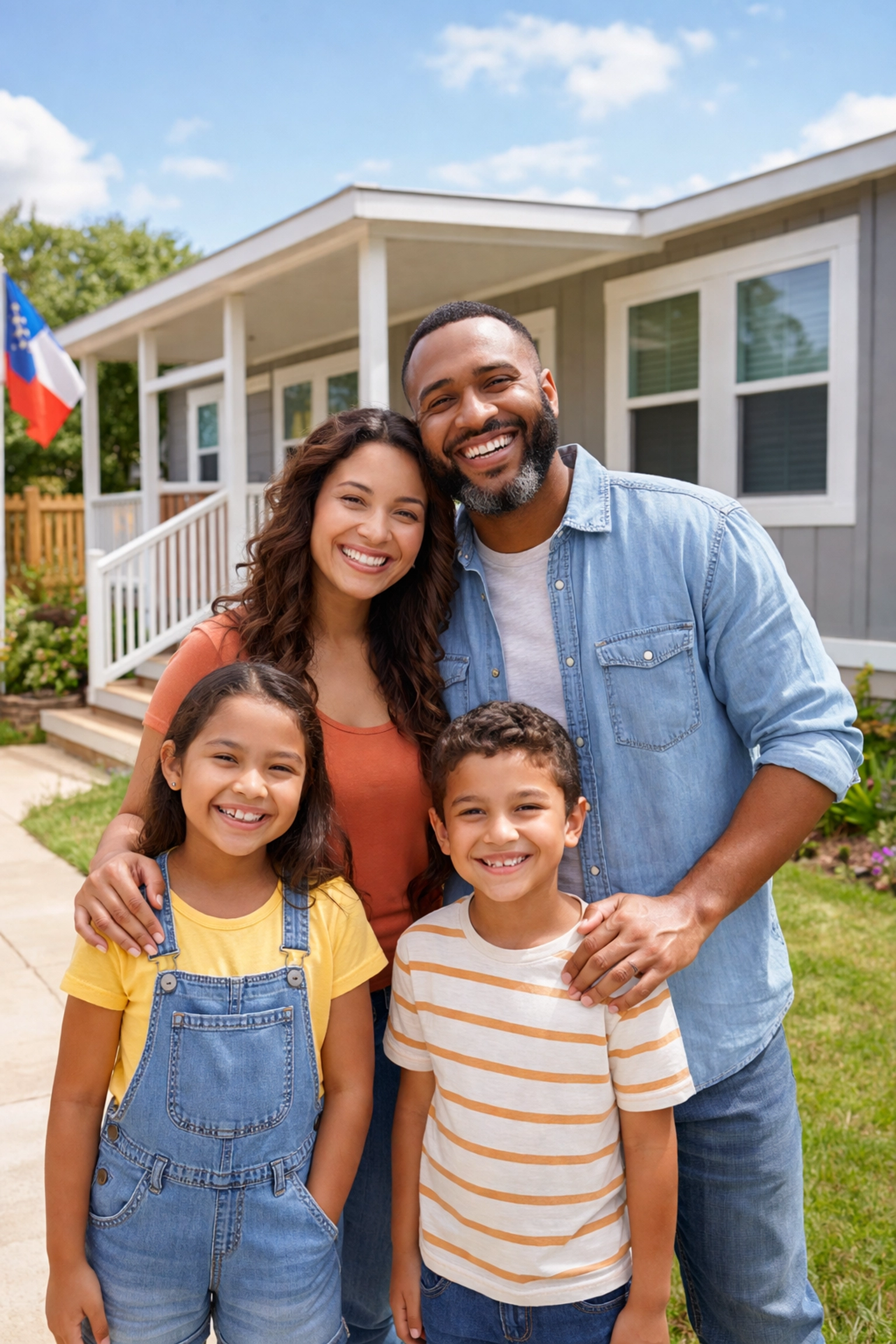 Happy family celebrating homeownership in front of their new manufactured home near Houston