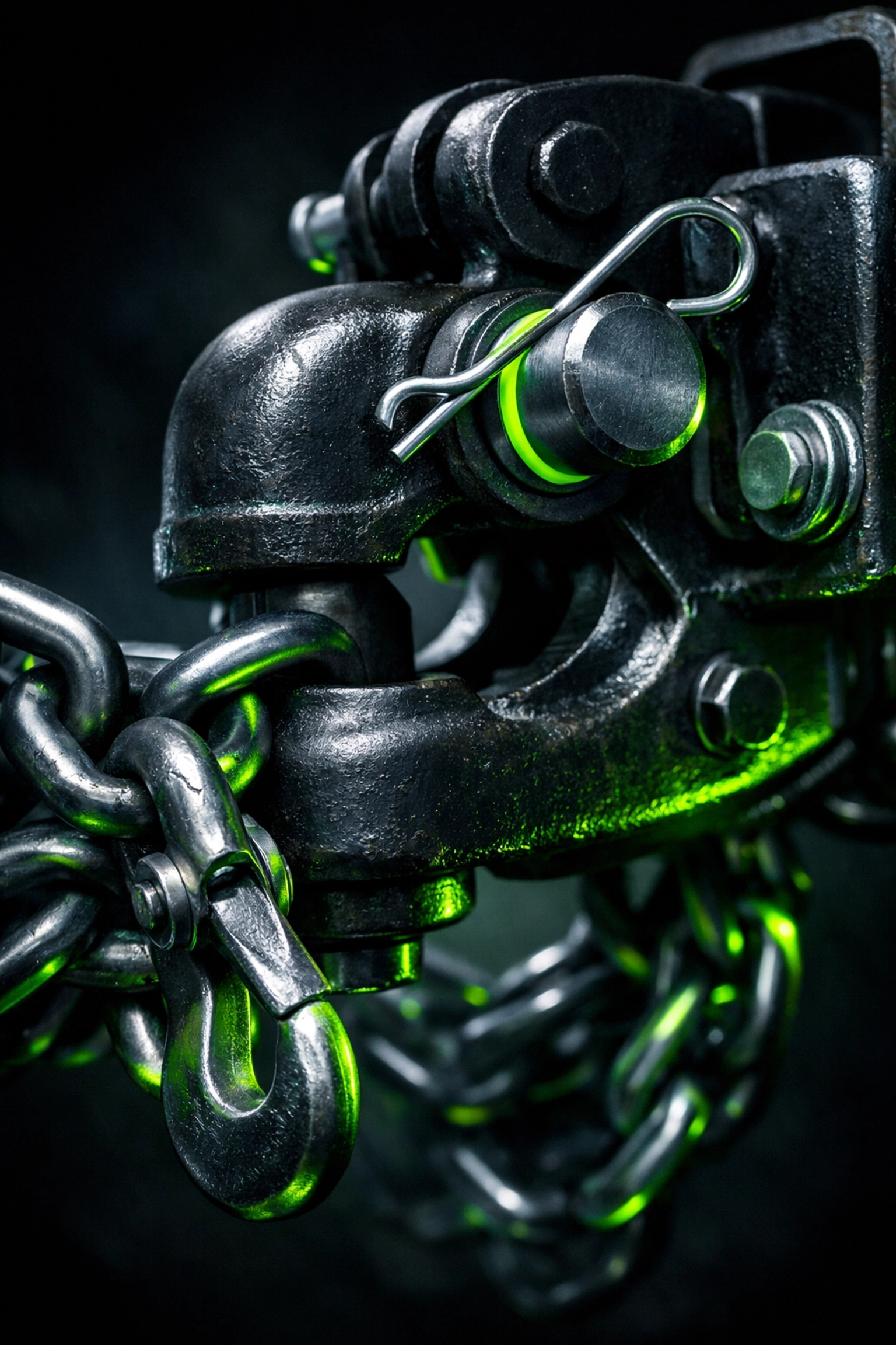 Close-up of a secure trailer hitch and safety chains meeting professional hauling safety standards.