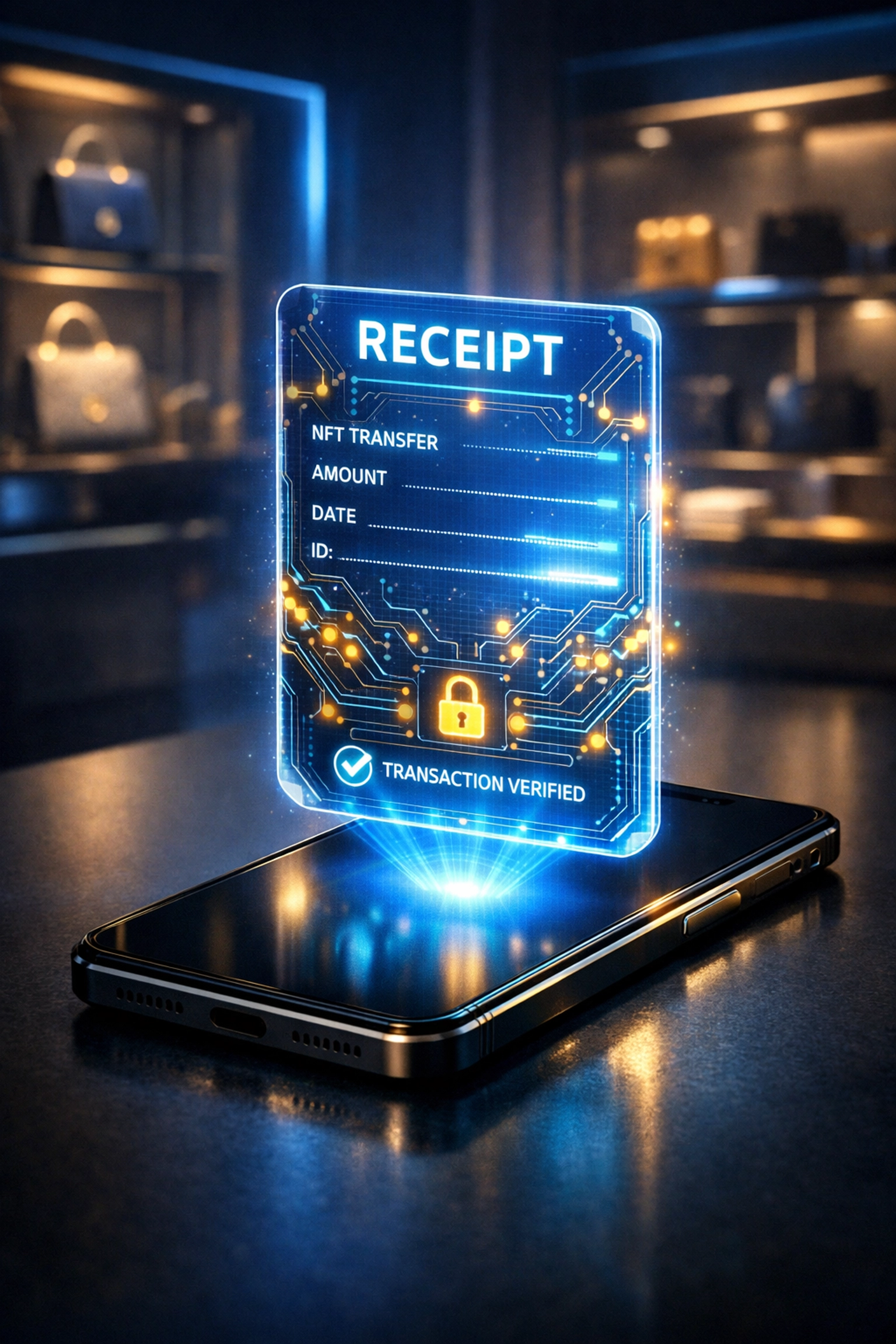 Secure digital NFT transaction receipt floating above a smartphone for Larecoin Web3 merchant payments.