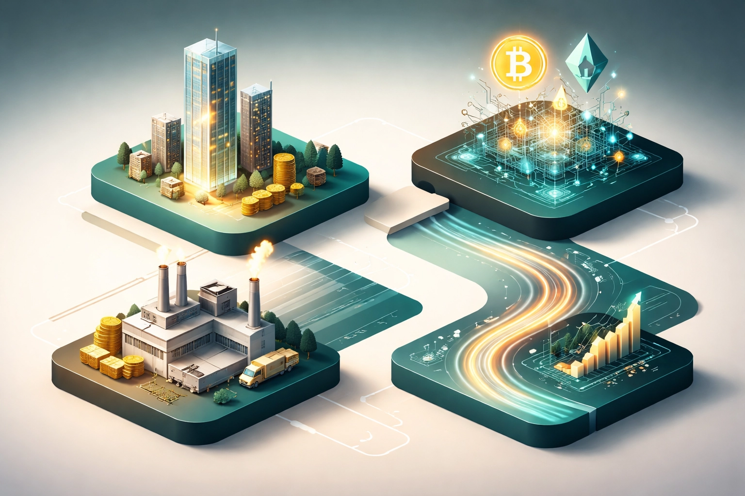 Illustration of diverse alternative investments including real estate, private equity, crypto, and hedge funds.