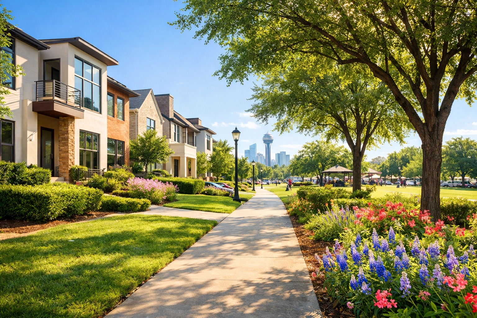 Sun-drenched Dallas neighborhood street showcasing ideal areas for mid-term rentals.