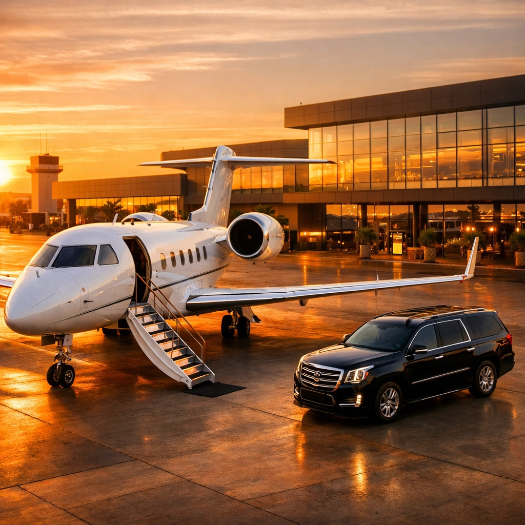 Private jet at luxury FBO terminal with SUV ready for seamless transfer