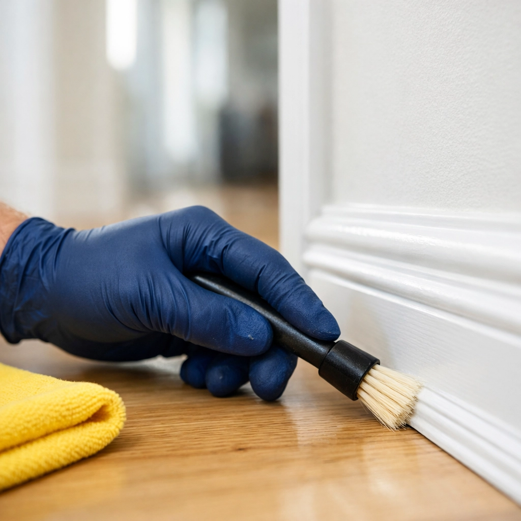 Professional deep cleaning MA focusing on detailed baseboard scrubbing in a luxury home.