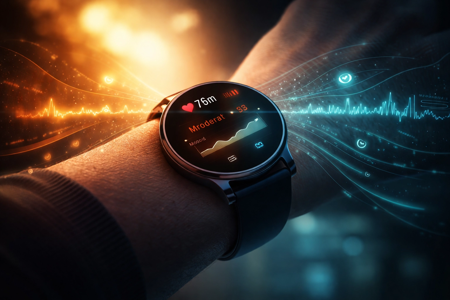 Smartwatch displaying biometric data streams, illustrating the dual potential of mental health wearables for empowerment and surveillance.