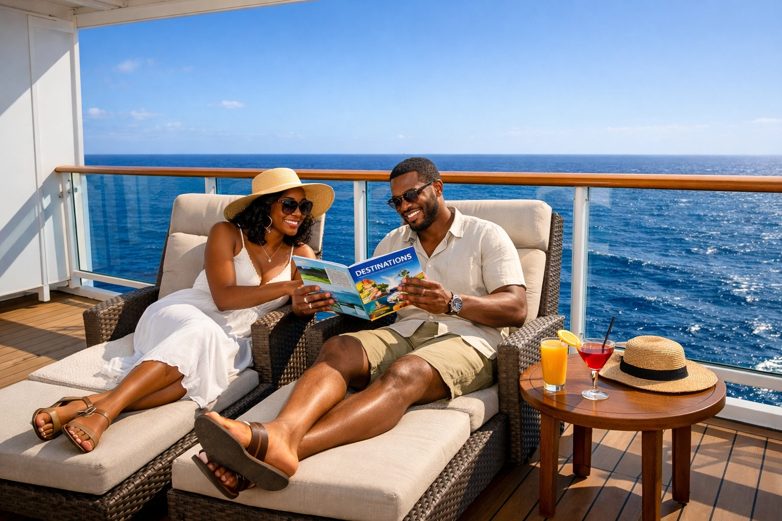 A couple reviews a custom travel itinerary on a luxury cruise balcony, illustrating a dream vacation.