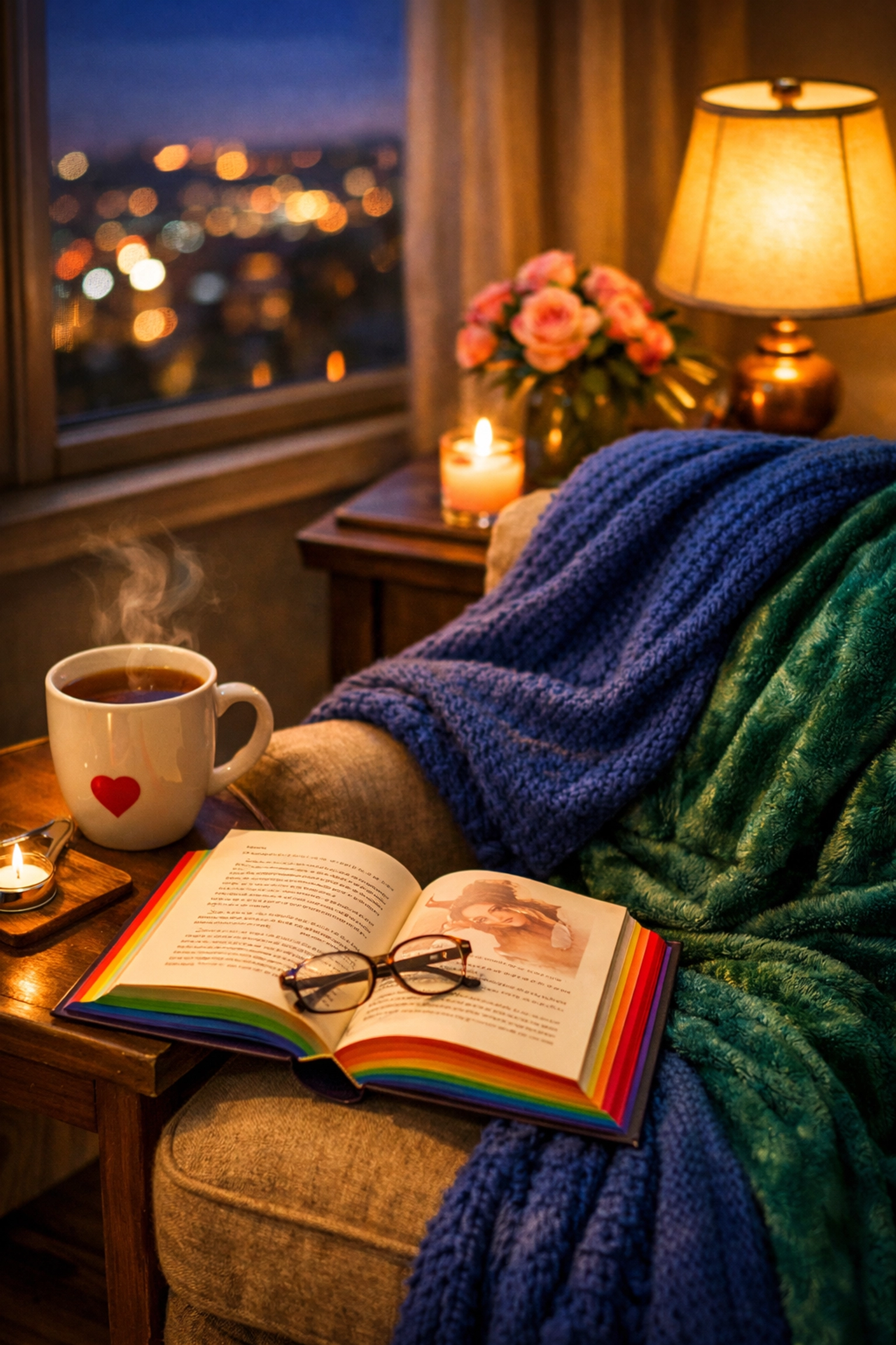 Cozy reading nook with MM romance book and tea for Valentine's Day self-care and relaxation