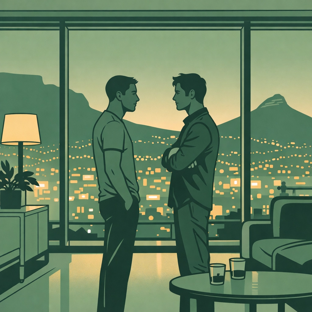 Two men in modern Cape Town apartment at dusk - contemporary gay fiction setting illustration