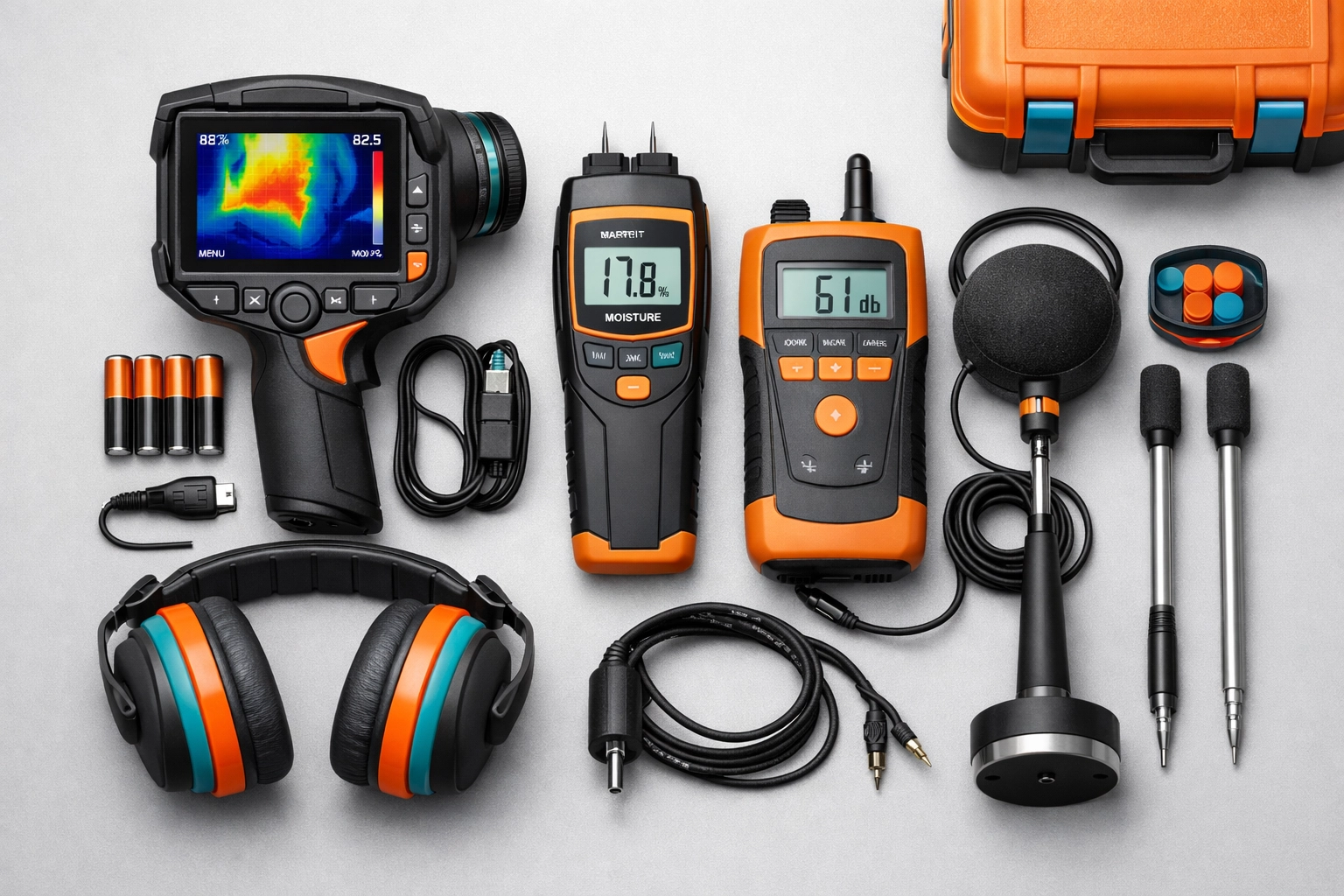 Specialized leak detection tools including thermal imaging cameras and moisture meters for home inspections.