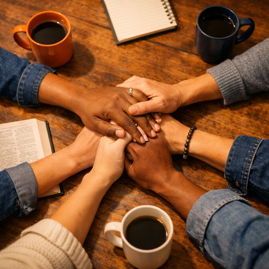 Church community hands joined in prayer and support around coffee and Bibles
