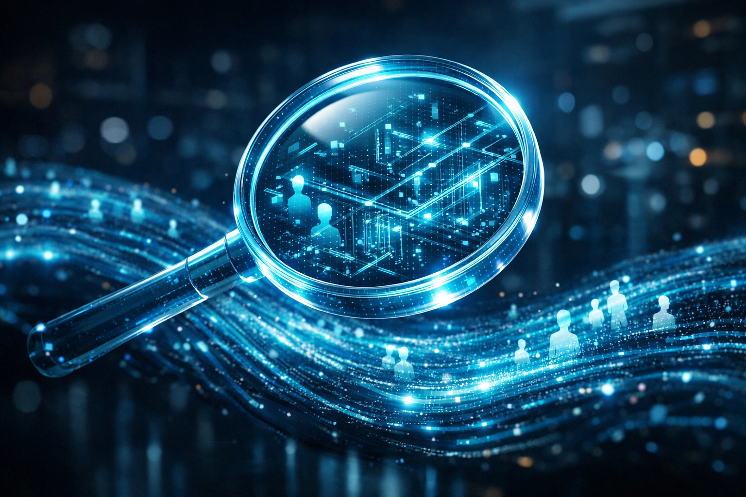 Digital magnifying glass scanning online data to represent Google's AI-powered fake review detection process.