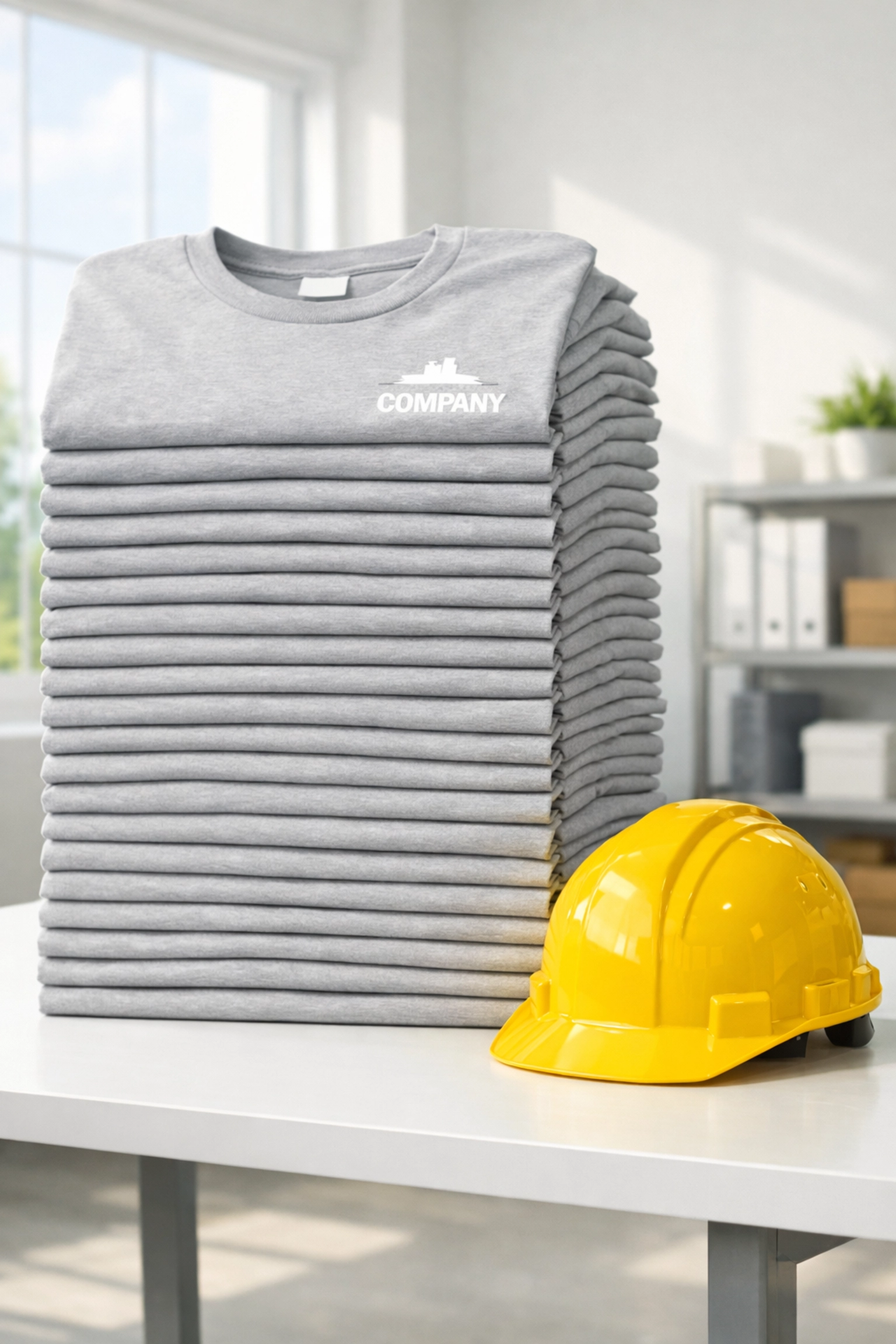 Stack of folded bulk custom t shirts for a construction crew next to a yellow safety helmet.