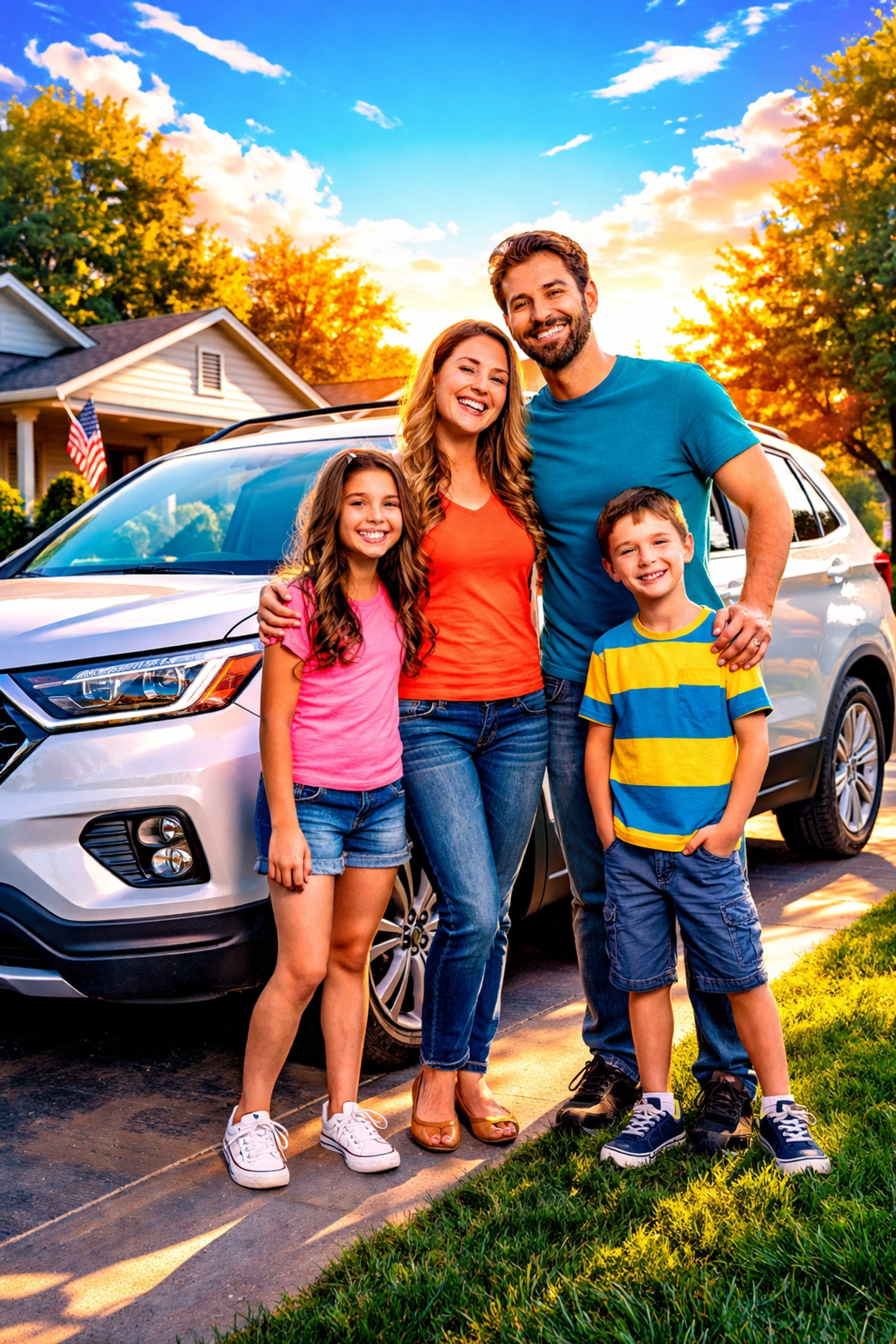 Family standing next to SUV in Arnold Missouri neighborhood, celebrating success with used car financing and improved credit