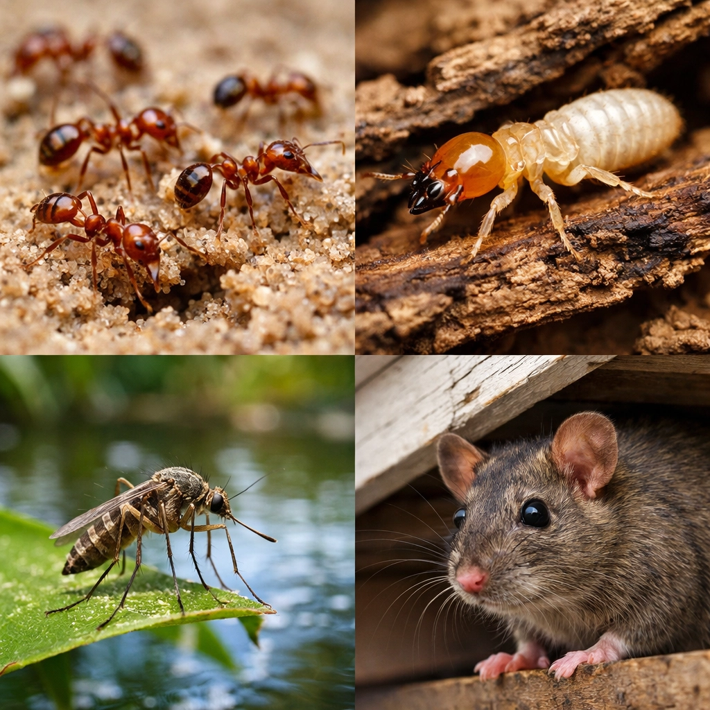 Common Southwest Florida pests including ants, termites, mosquitoes, and rodents