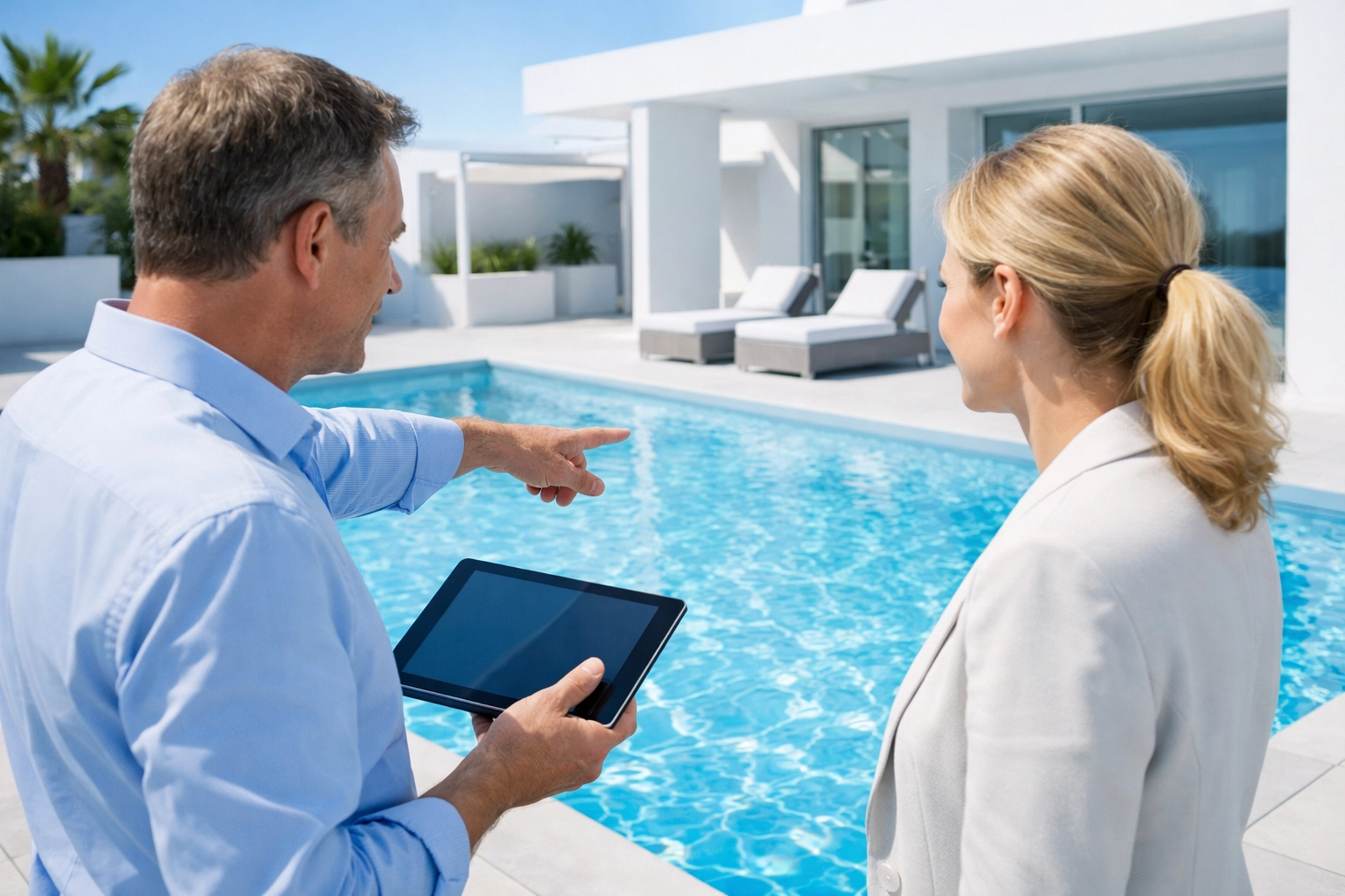 Sellers providing a warm handoff and training at a modern pool using a digital tablet.