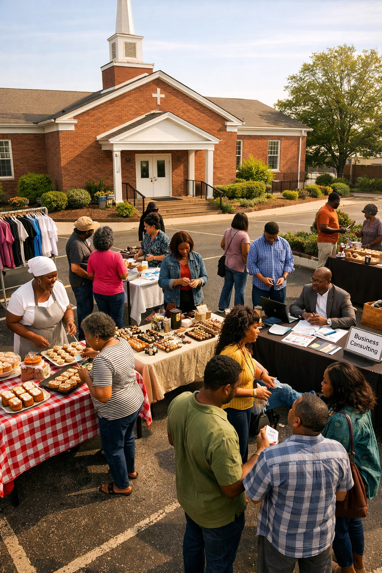 Church community event with Black-owned business vendors at tables creating local economic hub