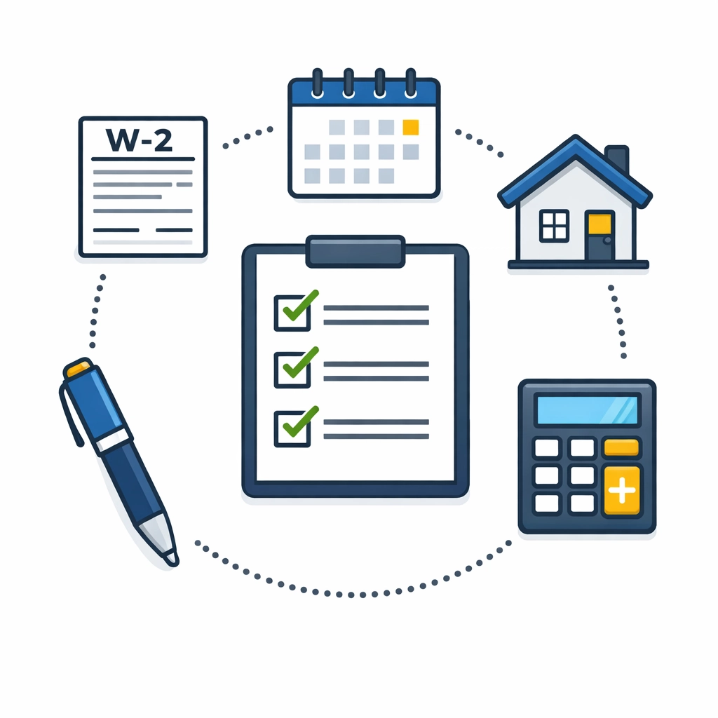 Tax preparation checklist with W-2 forms and required documents for filing