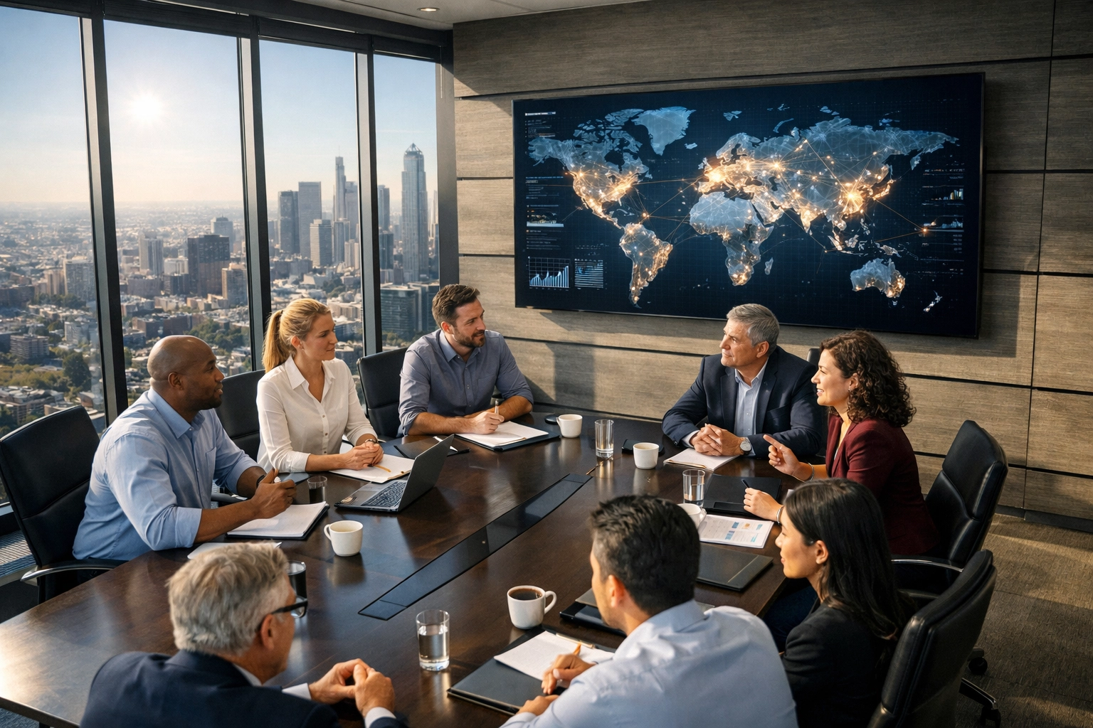 Strategic media holding executives discussing global growth challenges in a professional boardroom setting.