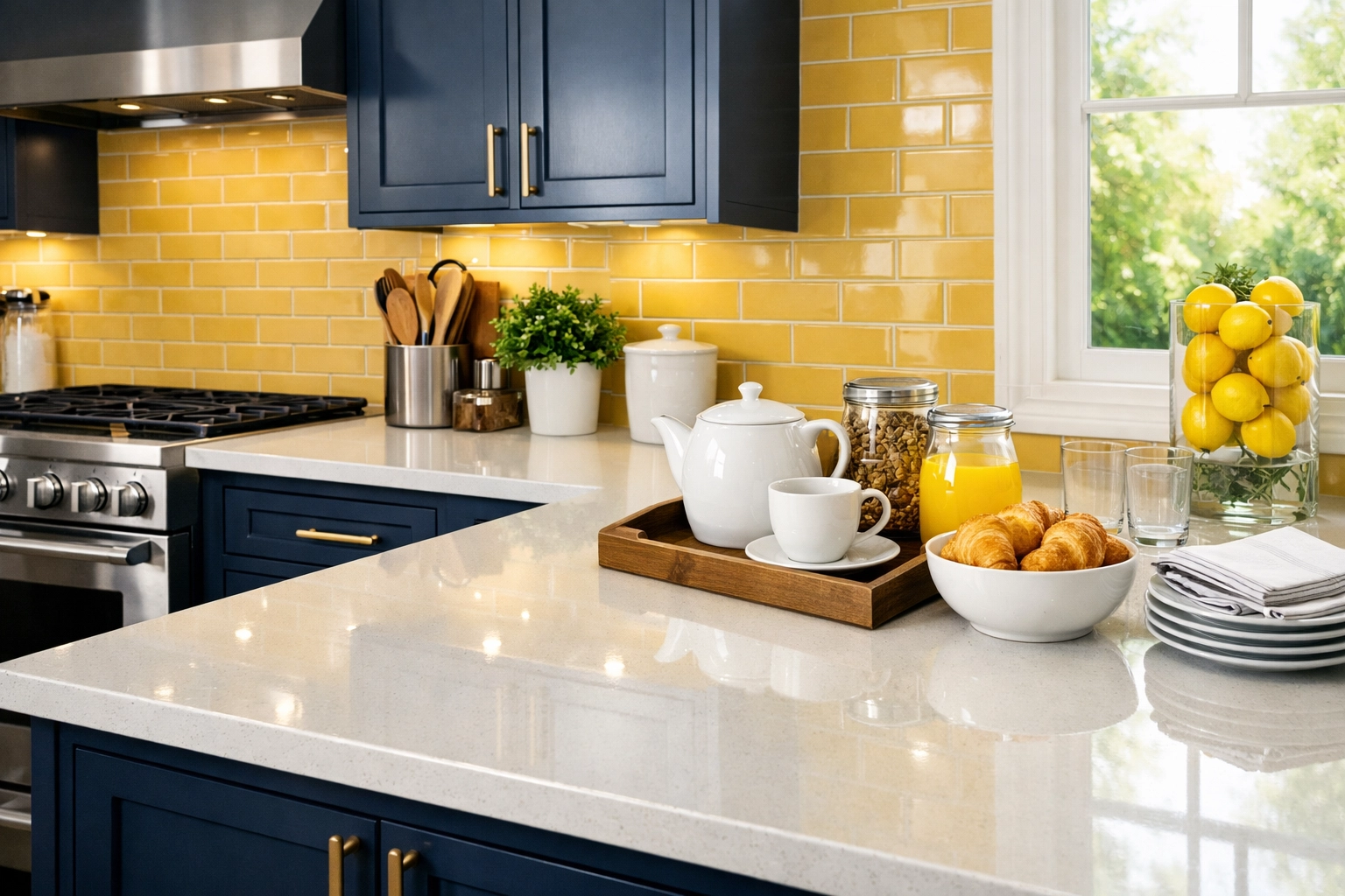 Pristine kitchen with navy cabinets and white quartz counters after a professional house cleaning service in Hudson.