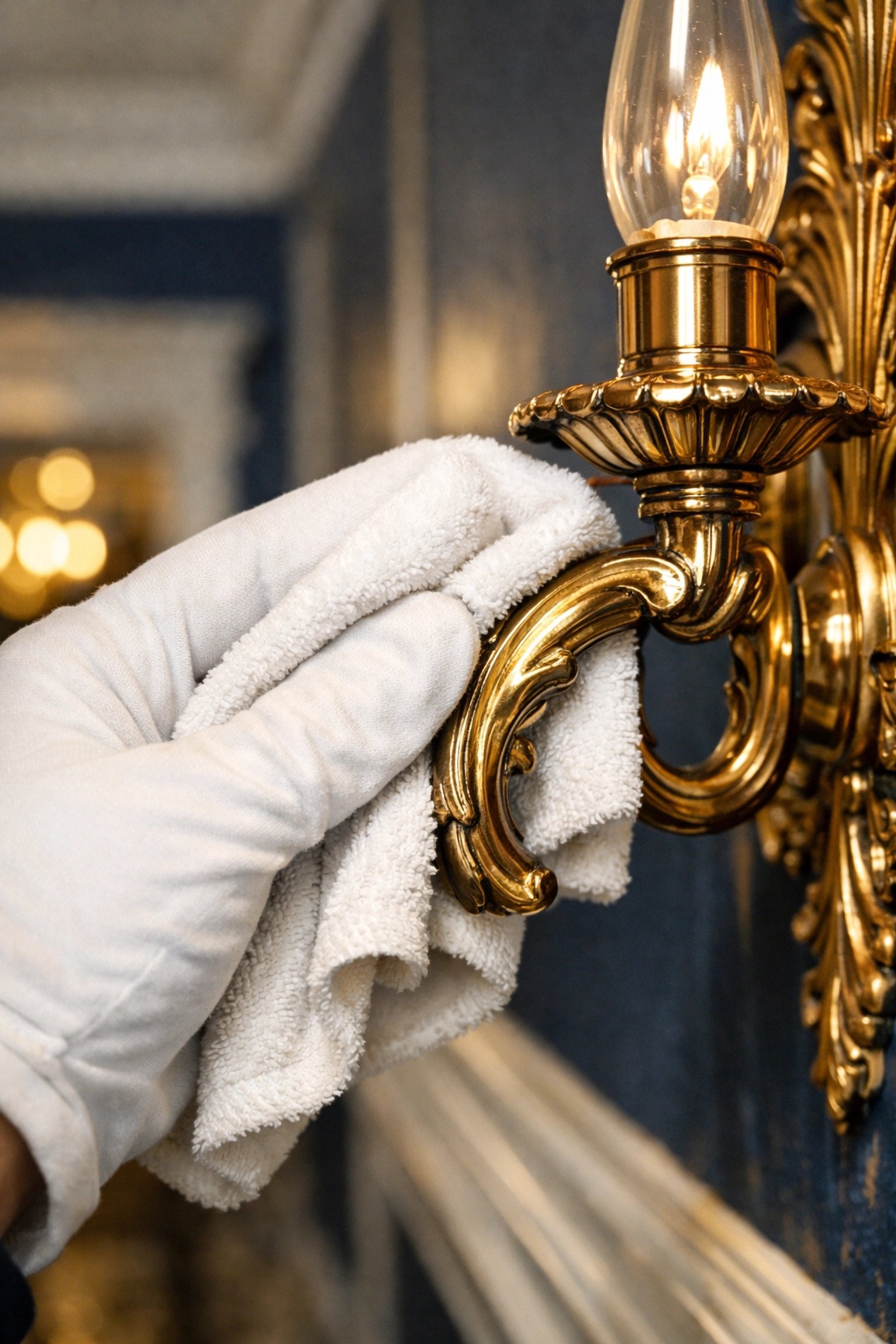 Professional cleaning of antique brass fixtures in a high-value historic home in Lexington.