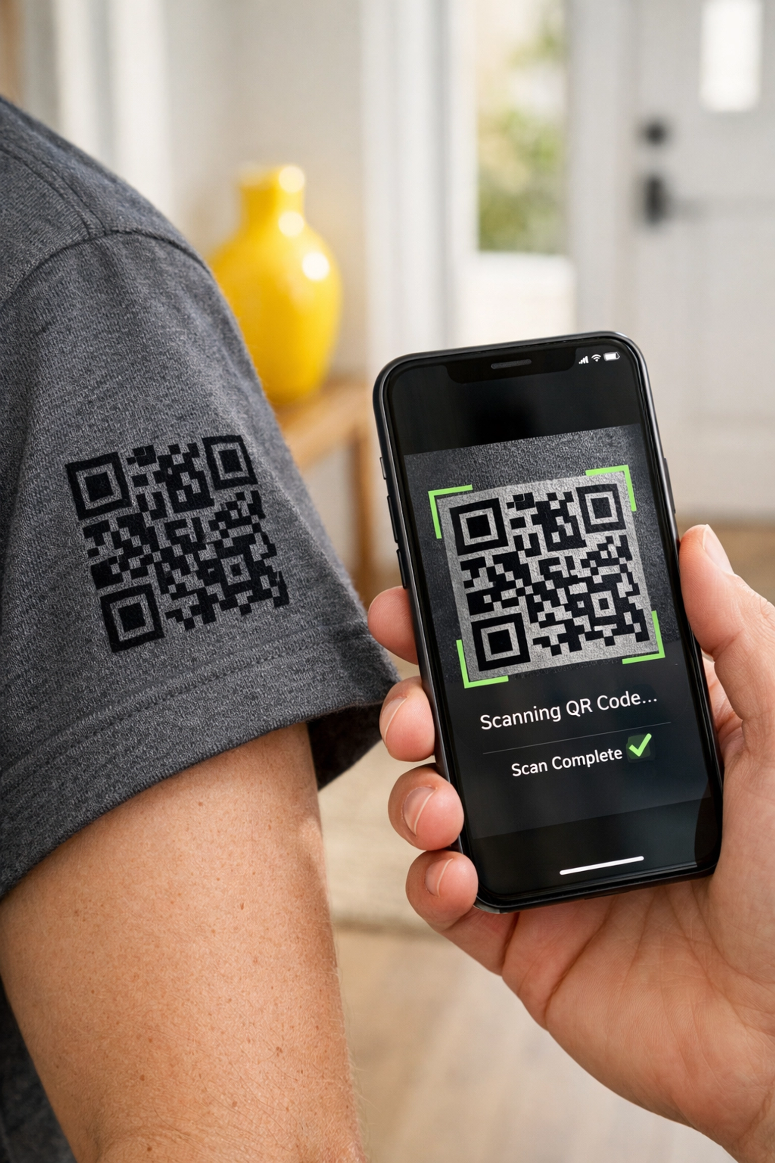 A customer using a smartphone to scan a QR code on a custom t shirt sleeve for an easy Google review.