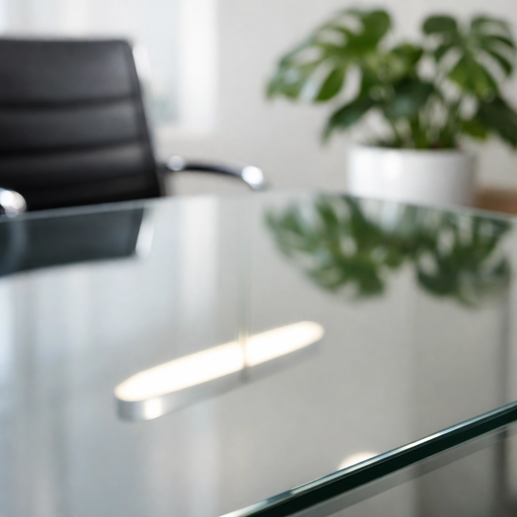Streak-free glass conference table in a modern office showing detailed commercial cleaning quality.