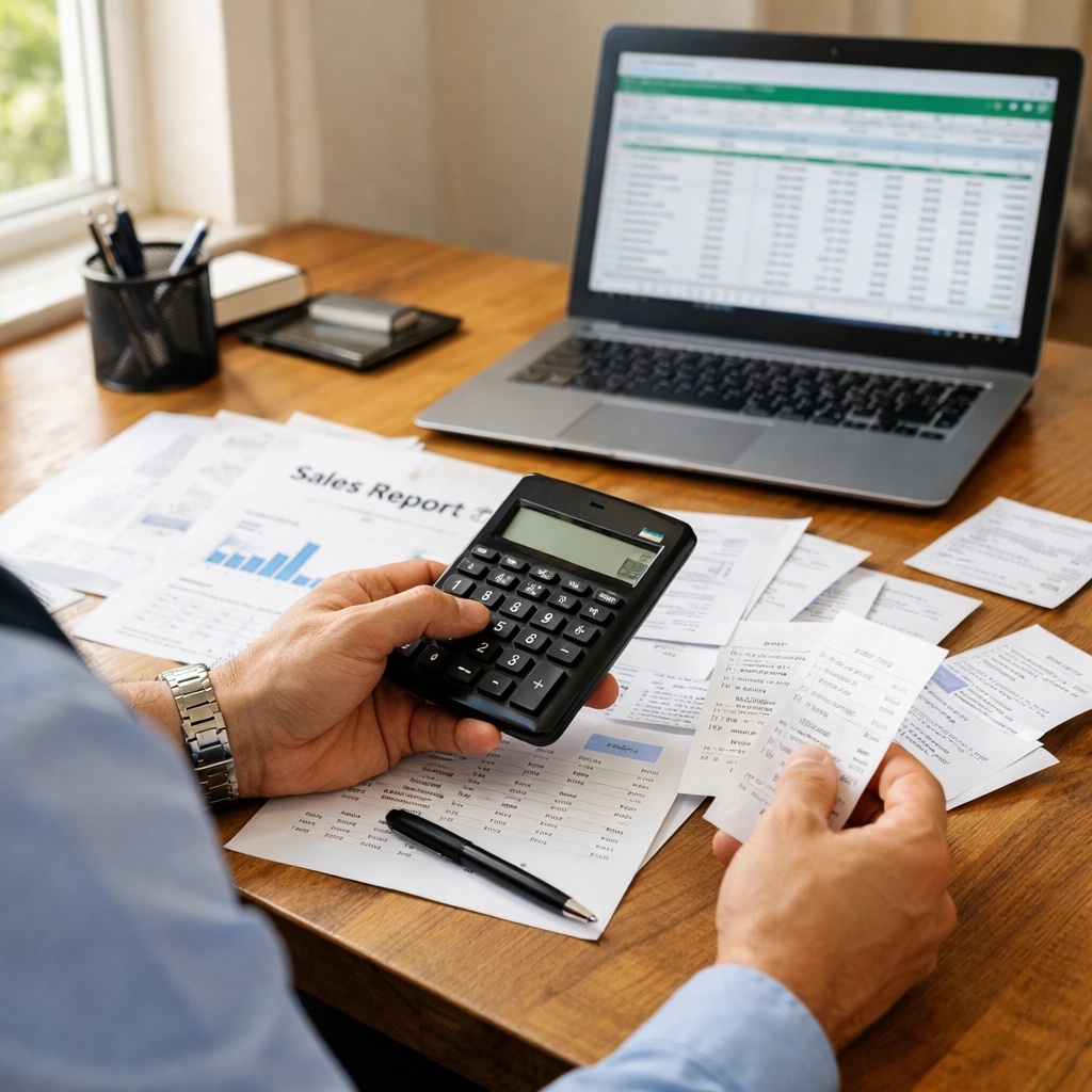 Restaurant manager calculating EPOS system costs and monthly transaction volumes