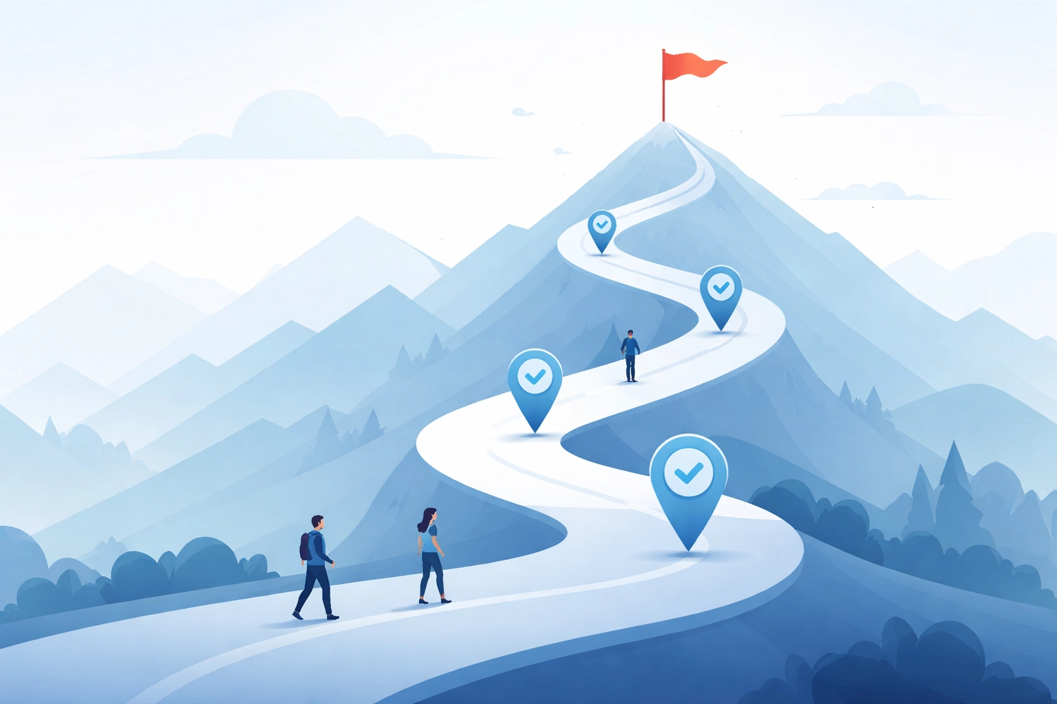 Winding path toward summit with milestones representing the long-term journey and achievements of SEO