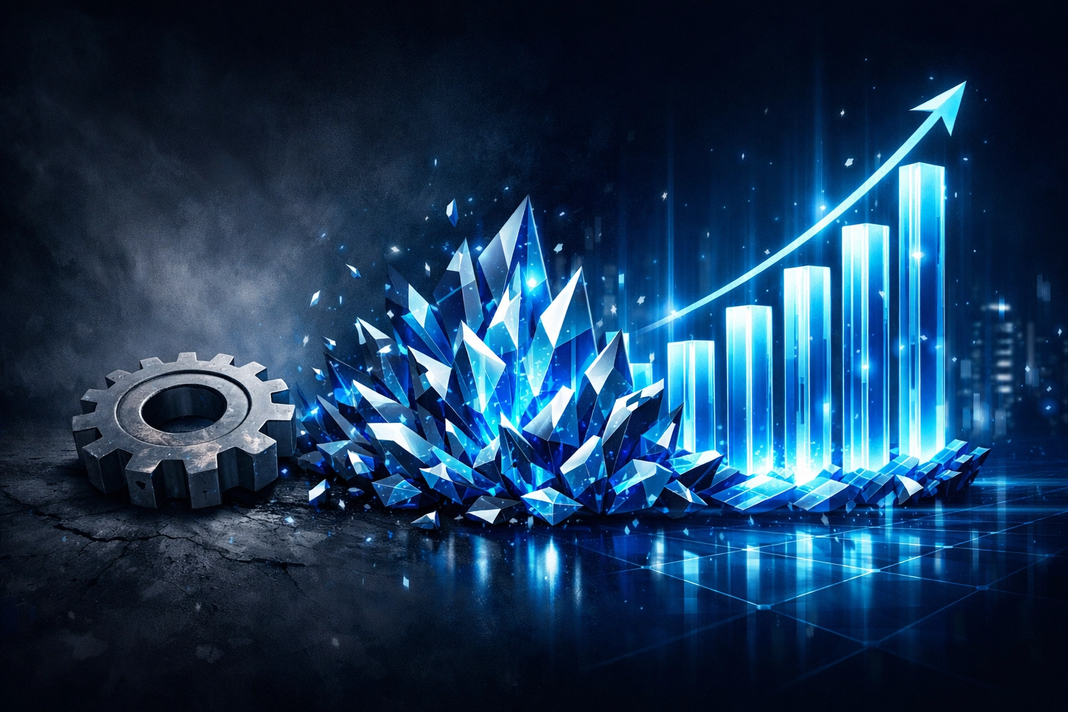 A glowing financial chart supported by tech gears showing IT as a strategic risk mitigation asset.