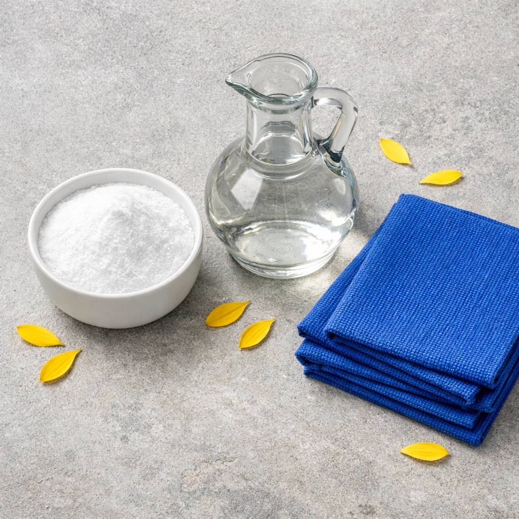 Natural cleaning ingredients like baking soda and vinegar with blue cloths on a stone surface.