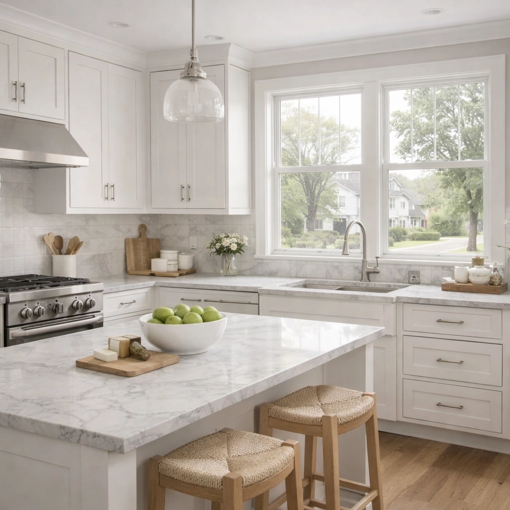 Modern kitchen in Malden MA single family home with white cabinets and natural light