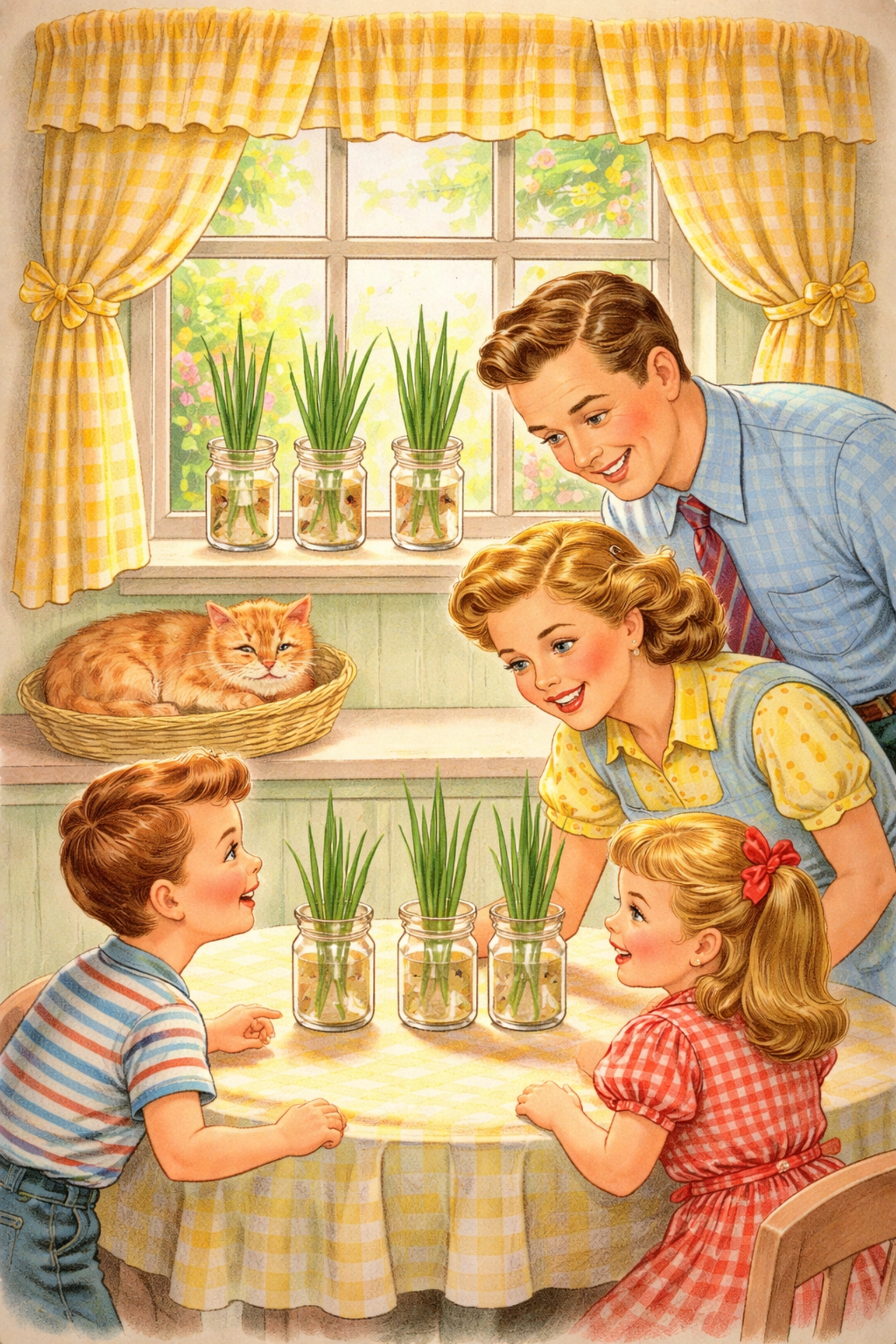 A retro storybook-style family smiles around a kitchen table, regrowing green onions in jars for a fun sustainability project.