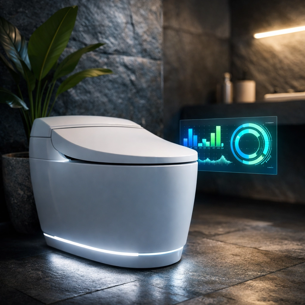 Futuristic smart toilet in a minimalist bathroom displaying real-time health data visualizations for home diagnostics.