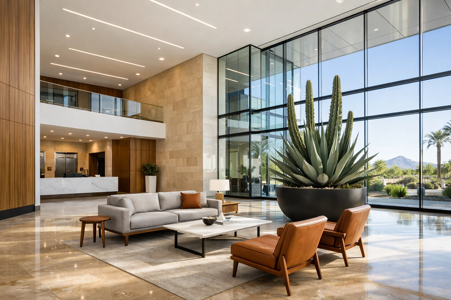 Clean Class A office lobby in Scottsdale with polished floors and modern architectural design.