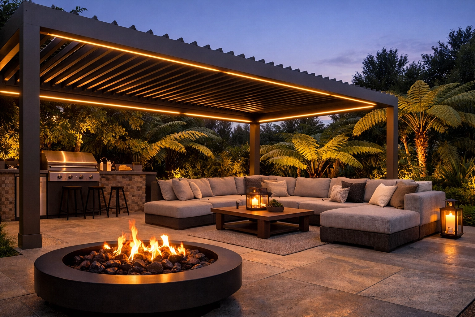 Luxury backyard patio featuring a Flaxpod coloured louvre system with integrated LED lighting.
