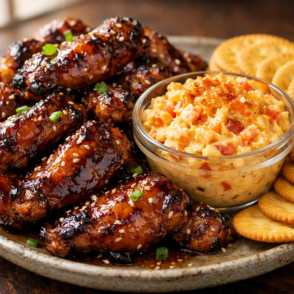 Bourbon-glazed chicken wings and pimento cheese dip from our Southern comfort food catering menu.