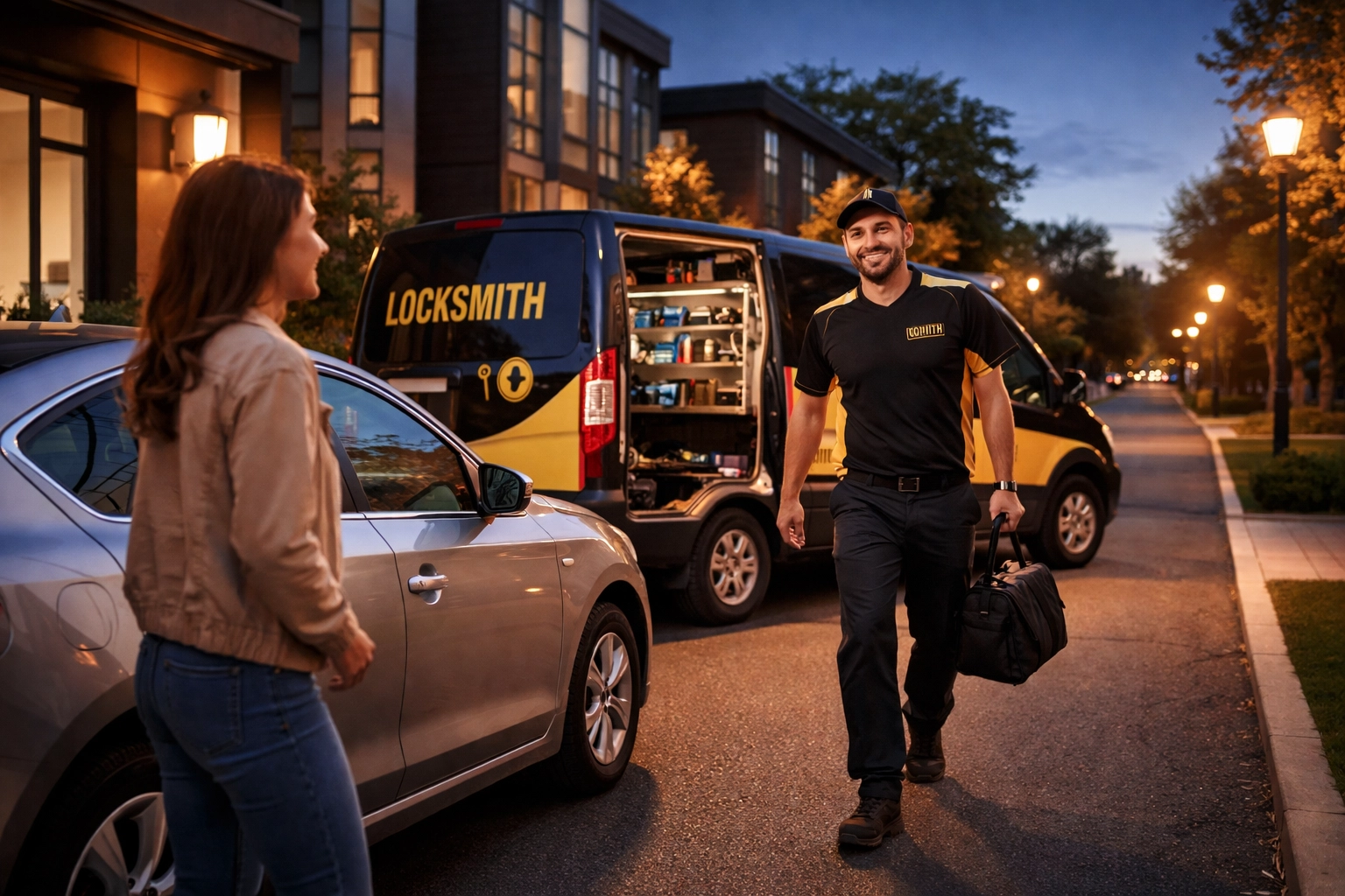 Indianapolis locksmith arriving to assist a stranded customer at dusk