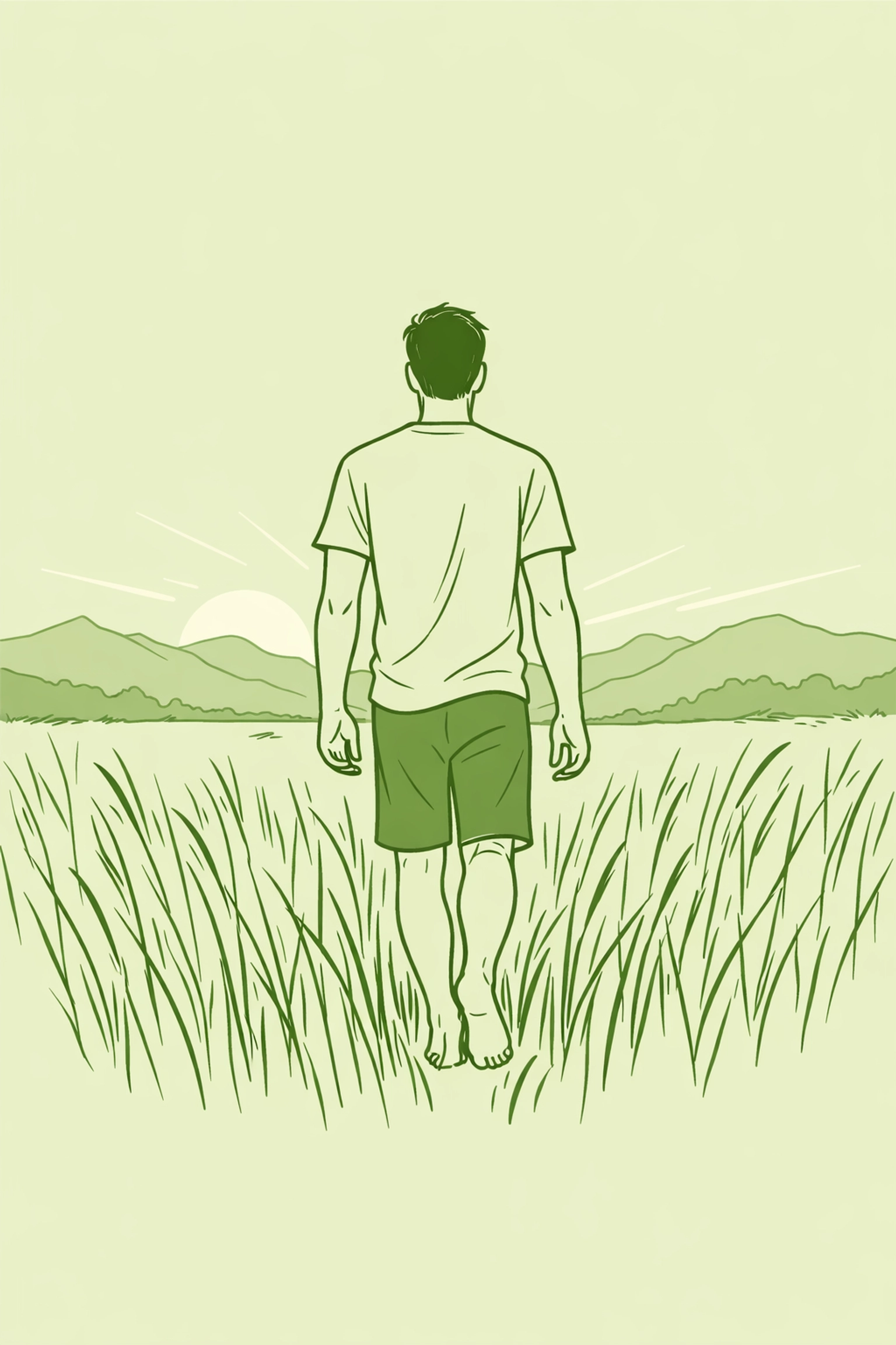 Man walking barefoot through meadow at sunset, embodying naturist freedom and LGBTQ+ liberation