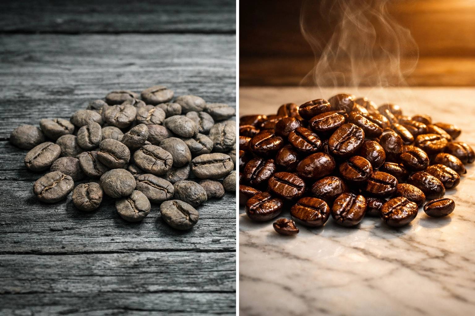 Stale grocery store coffee beans compared to fresh roasted subscription coffee beans